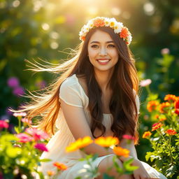 A beautiful young woman sitting in a sunlit garden, surrounded by vibrant flowers and green foliage