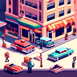 Pixel art profile picture featuring a 1950s cityscape with vintage cars, retro buildings, and a classic diner.