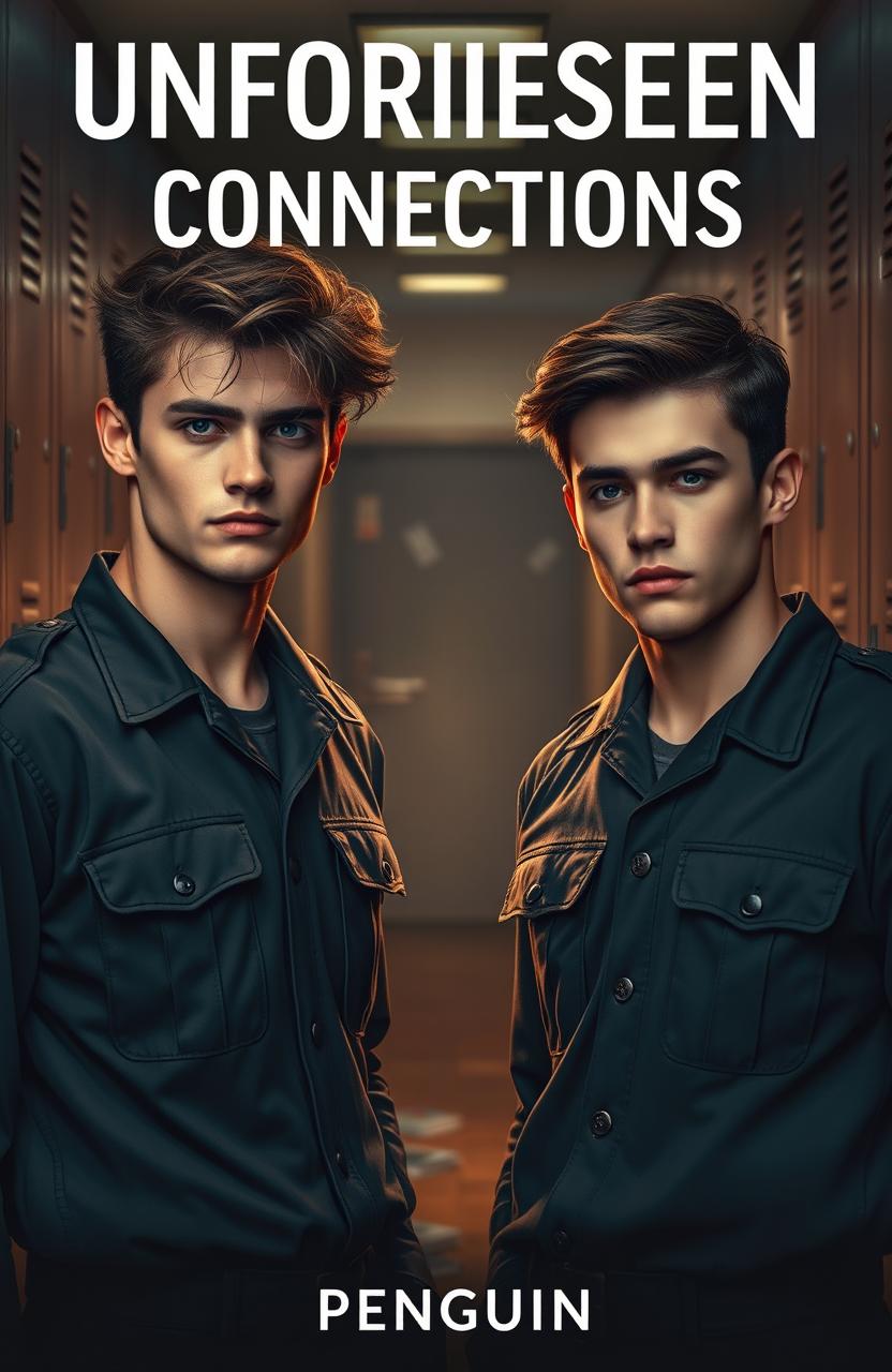 Two young men in military uniforms standing side by side in a locker hallway setting