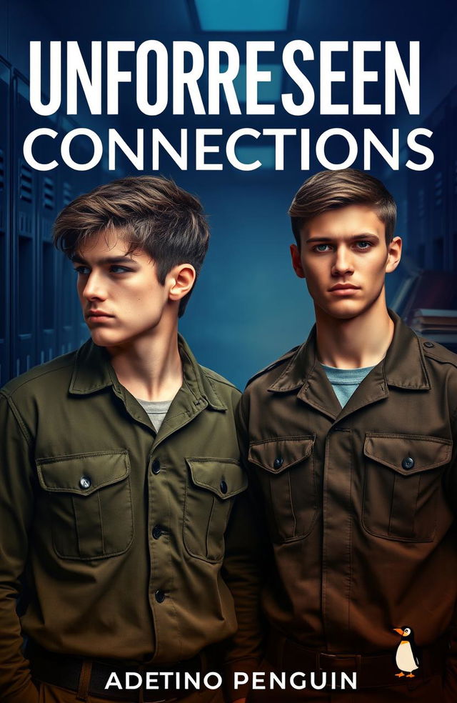 Two young men in military uniforms standing side by side in a locker hallway setting