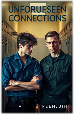 Two young men in military uniforms standing side by side in a locker hallway setting