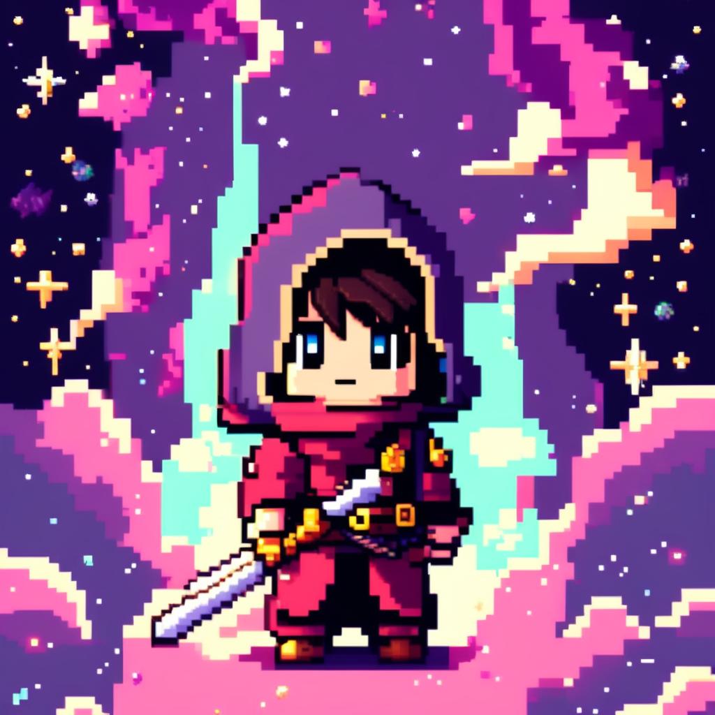 Pixel art profile picture featuring a standalone sword against a cosmic background filled with stars, nebulas, and distant galaxies