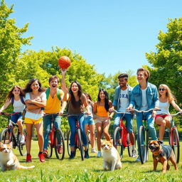 A lively and energetic scene showcasing a group of teenagers enjoying a sunny day in a park