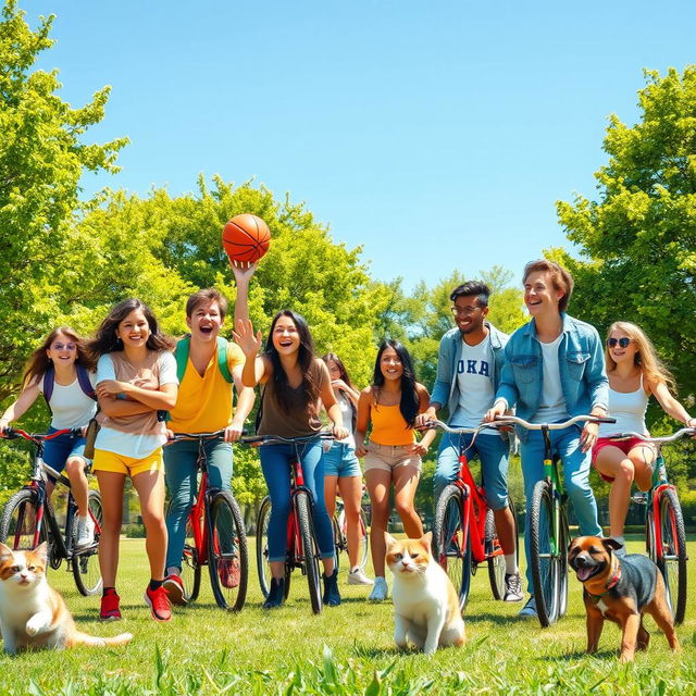 A lively and energetic scene showcasing a group of teenagers enjoying a sunny day in a park