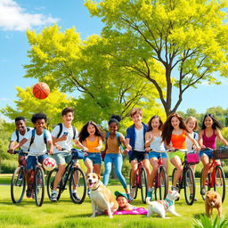 A lively and energetic scene showcasing a group of teenagers enjoying a sunny day in a park