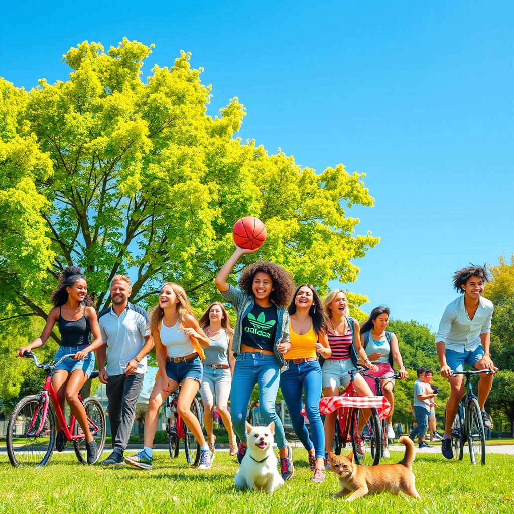 A lively and energetic scene showcasing a group of teenagers enjoying a sunny day in a park