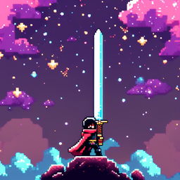 Pixel art profile picture featuring a standalone sword against a cosmic background filled with stars, nebulas, and distant galaxies