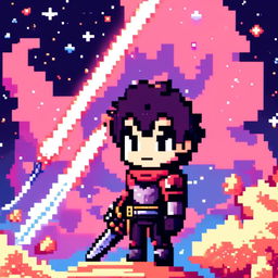 Pixel art profile picture featuring a standalone sword against a cosmic background filled with stars, nebulas, and distant galaxies