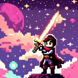 Pixel art profile picture featuring a standalone sword against a cosmic background filled with stars, nebulas, and distant galaxies