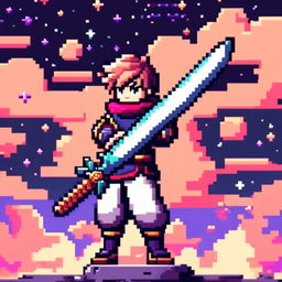 Pixel art profile picture of a standalone sword, with no other elements, set against a cosmic background.