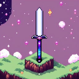 Pixel art profile picture of a standalone sword, with no other elements, set against a cosmic background.