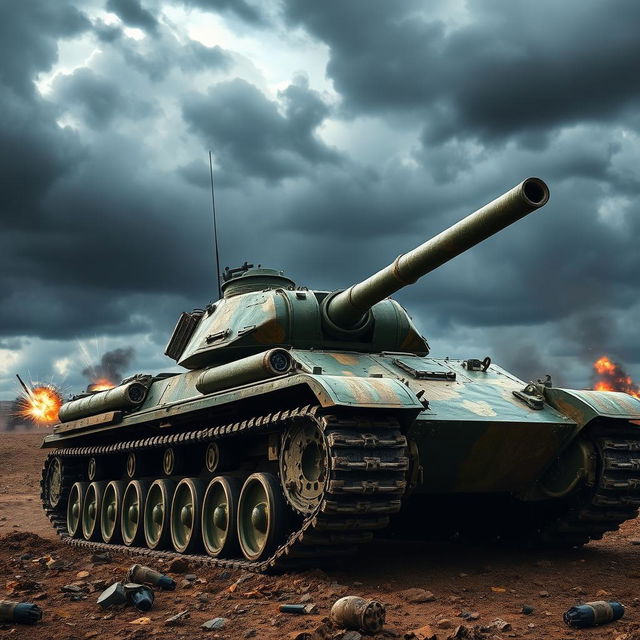 A powerful battle tank positioned on a rugged battlefield, showing intricate detailing of its metallic surface and heavy armor