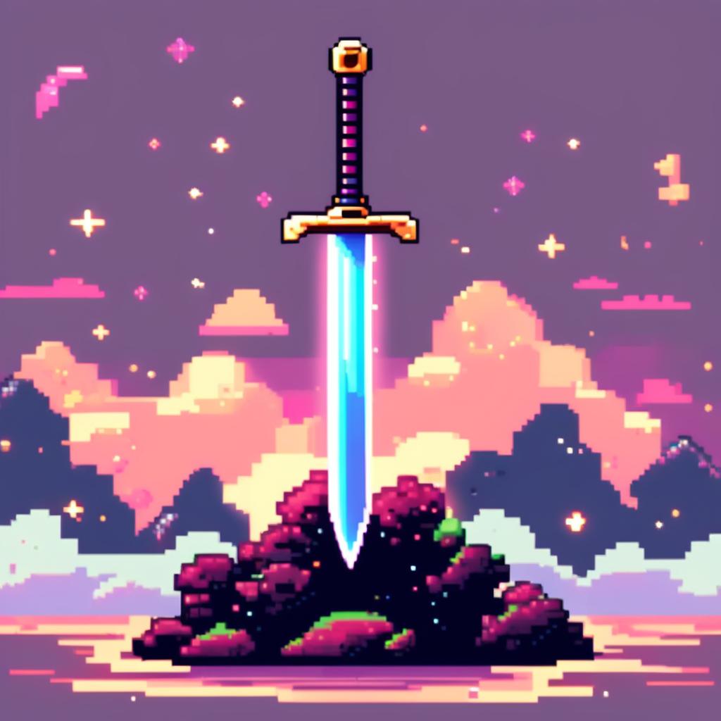 Pixel art profile picture of a standalone sword, with no other elements, set against a cosmic background.