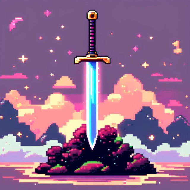 Pixel art profile picture of a standalone sword, with no other elements, set against a cosmic background.