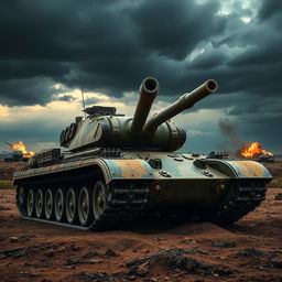 A powerful battle tank positioned on a rugged battlefield, showing intricate detailing of its metallic surface and heavy armor