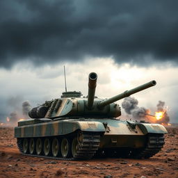 A powerful battle tank positioned on a rugged battlefield, showing intricate detailing of its metallic surface and heavy armor