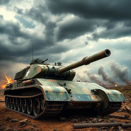 A powerful battle tank positioned on a rugged battlefield, showing intricate detailing of its metallic surface and heavy armor