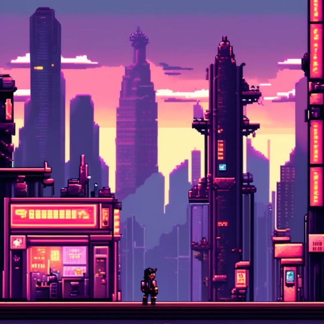 Pixel art profile picture featuring a dystopian, futuristic cityscape with towering skyscrapers, neon signs, and a gloomy sky