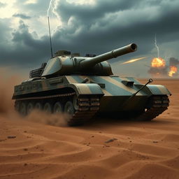 A highly detailed and realistic battle tank positioned on an arid battlefield, surrounded by dust and smoke