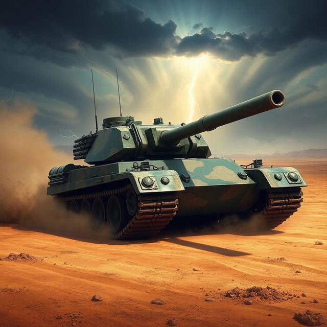 A highly detailed and realistic battle tank positioned on an arid battlefield, surrounded by dust and smoke