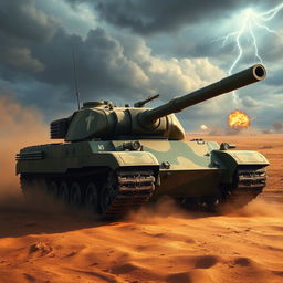 A highly detailed and realistic battle tank positioned on an arid battlefield, surrounded by dust and smoke