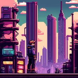 Pixel art profile picture featuring a dystopian, futuristic cityscape with towering skyscrapers, neon signs, and a gloomy sky