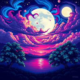 An exquisite night landscape illustrated in pixel art style, featuring an imaginative sky filled with extraordinary colors such as electric blues, deep magentas, and shimmering silvers