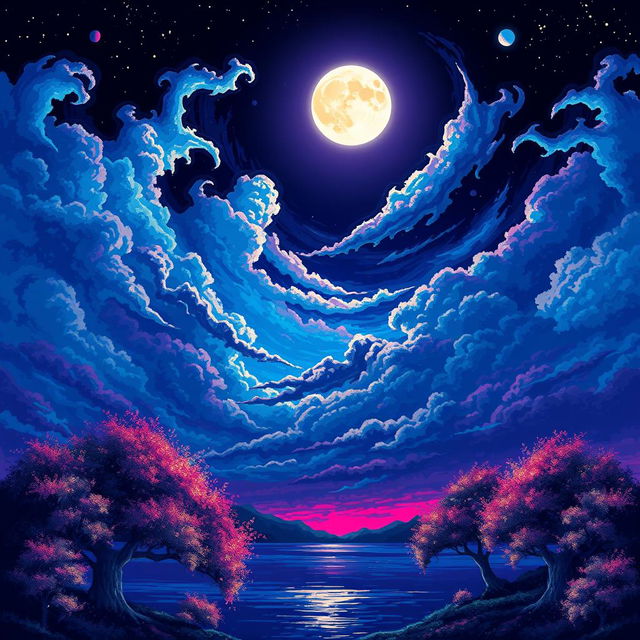 An exquisite night landscape illustrated in pixel art style, featuring an imaginative sky filled with extraordinary colors such as electric blues, deep magentas, and shimmering silvers