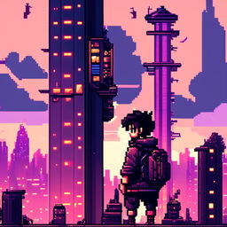 Pixel art profile picture featuring a dystopian, futuristic cityscape with towering skyscrapers, neon signs, and a gloomy sky