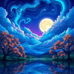 An exquisite night landscape illustrated in pixel art style, featuring an imaginative sky filled with extraordinary colors such as electric blues, deep magentas, and shimmering silvers