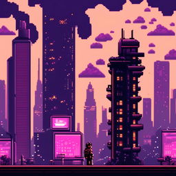 Pixel art profile picture featuring a dystopian, futuristic cityscape with towering skyscrapers, neon signs, and a gloomy sky