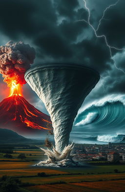 A dramatic visual depicting various natural disasters occurring simultaneously