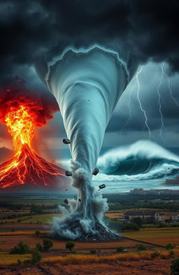 A dramatic visual depicting various natural disasters occurring simultaneously