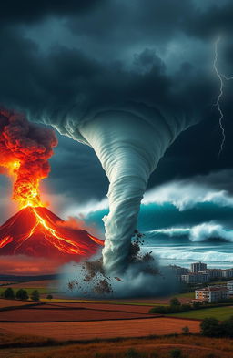 A dramatic visual depicting various natural disasters occurring simultaneously
