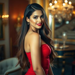 A stunningly beautiful young woman with long flowing hair, wearing a form-fitting red dress that accentuates her curves