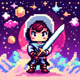 Pixel art profile picture featuring a standalone sword against a cosmic background filled with stars, nebulas, and distant galaxies