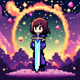 Pixel art profile picture featuring a standalone sword against a cosmic background filled with stars, nebulas, and distant galaxies