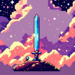 Pixel art profile picture featuring a standalone sword against a cosmic background filled with stars, nebulas, and distant galaxies