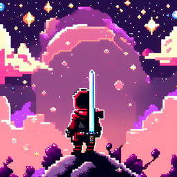 Pixel art profile picture featuring a standalone sword against a cosmic background filled with stars, nebulas, and distant galaxies