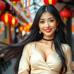 A beautiful Asian girl with large breasts, wearing a stylish and elegant outfit