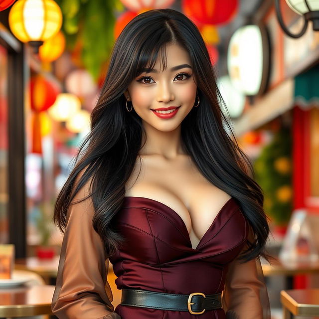 A beautiful Asian girl with large breasts, wearing a stylish and elegant outfit