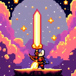 Pixel art profile picture featuring a standalone flame sword against a cosmic background filled with stars, nebulas, and distant galaxies