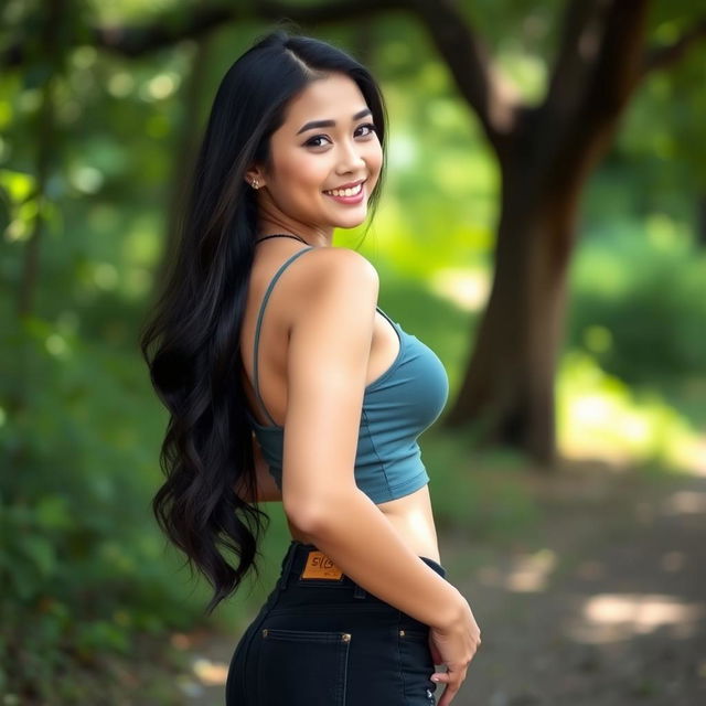 A beautiful Asian girl with prominent curves, confidently standing in a natural setting, surrounded by lush greenery