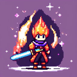 Pixel art profile picture featuring a standalone flame sword against a cosmic background filled with stars, nebulas, and distant galaxies