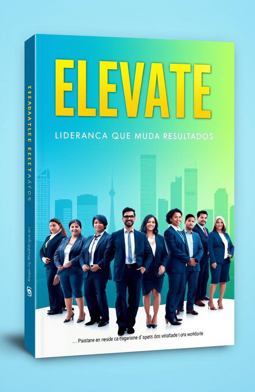 A motivational book cover design featuring the title 'Elevate: Liderança que Muda Resultados' prominently displayed