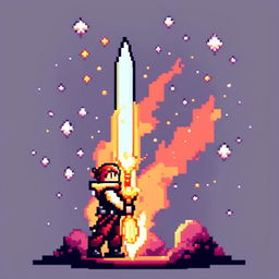 Pixel art profile picture featuring a standalone flame sword against a cosmic background filled with stars, nebulas, and distant galaxies