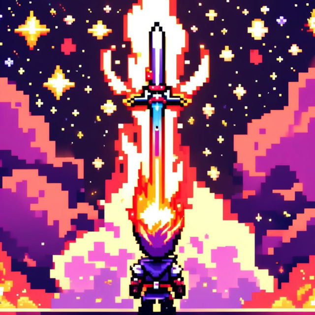 Pixel art profile picture featuring a standalone flame sword against a cosmic background filled with stars, nebulas, and distant galaxies