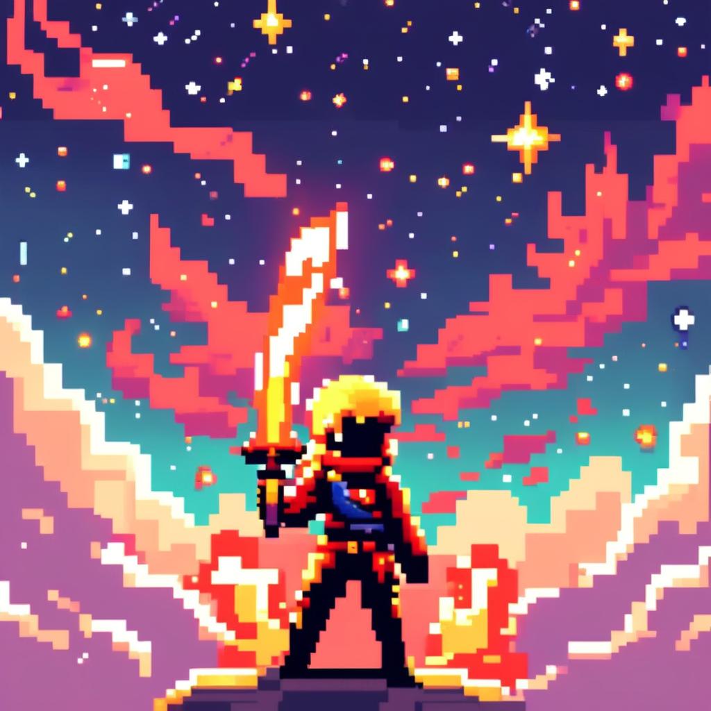 Pixel art profile picture featuring a standalone flame sword against a cosmic background filled with stars, nebulas, and distant galaxies