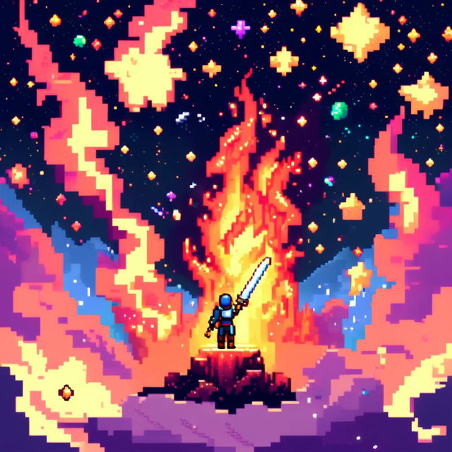 Pixel art profile picture featuring a standalone flame sword against a cosmic background filled with stars, nebulas, and distant galaxies