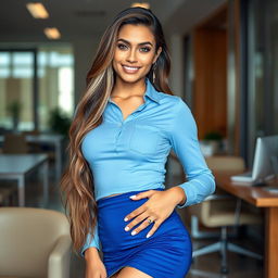 A beautiful Arab American woman, 22 years old, with long, thick dark blonde hair that cascades over her shoulders